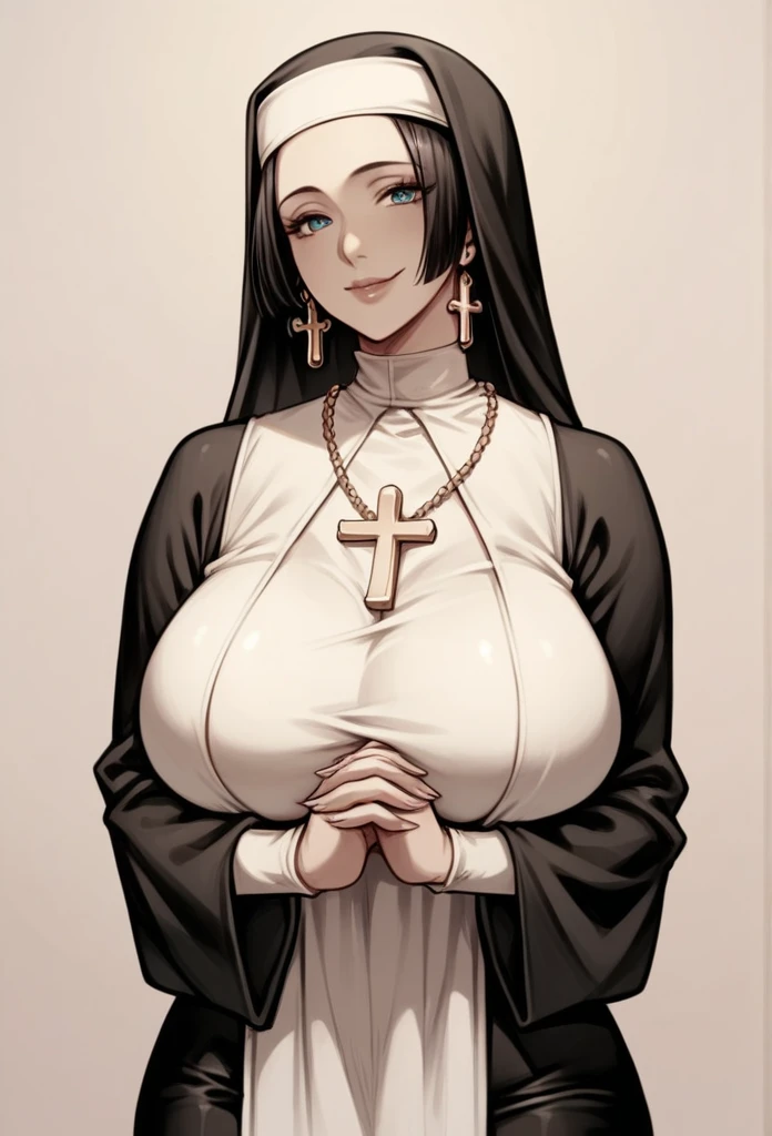 score_9, score_8_up, score_7_up, score_6_up, score_5_up, score_4_up, source_manga, rating_safe, 1girl, monochrome, detailed crosshatching, nun outfit, huge breasts, hands clasped under chest, rosary around neck, Boa Hancock, Voluptuous body, full breasts, saggy breasts, kind smile, 
