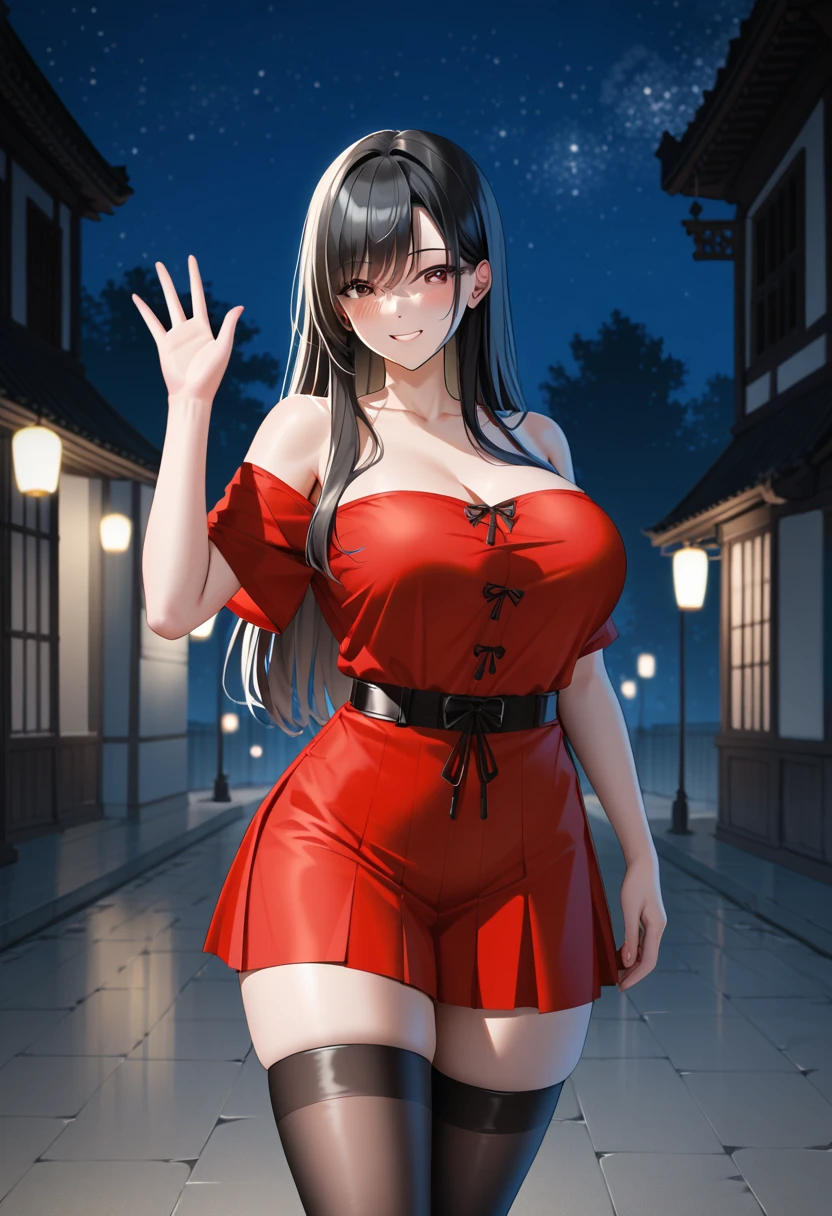  score_9,  score_8_up,  score_7_up,  score_6_up,  score_5_up,  score_4_up, Yuhee, Ultra high res ,tall , Brown Eyes ,  Black Hair , Long Hair,  big breasts at the temple,   give a red short dress,  Bare Shoulder , black stockings in a dark prison ,(Accuratehand) ,(Accurate hand) ,Thighs , viewers ,Invite ,smile ,(Waving)  ,((night) ), embarrassed face ,walking  ,night, city, outdoors 