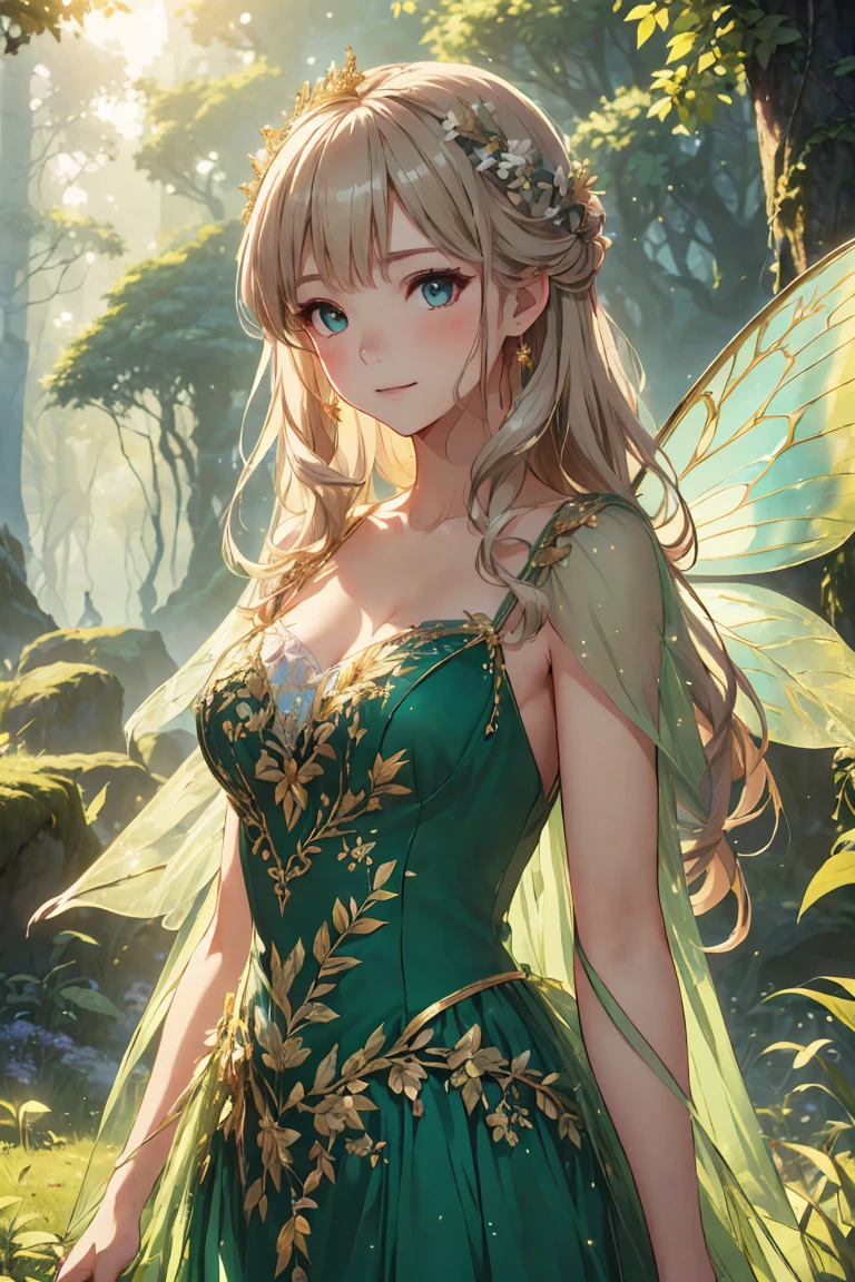 (((Best quality, 8k, Masterpiece: 1.3)), ((best quality)), ((masterpiece)), (detailed), perfect face, perfect body, (detailed skin:1.3), (intricate details), A graceful, grown-up fairy woman with delicate features and an air of elegance stands in an enchanted forest. She has shimmering wings that reflect hints of silver and gold in the soft moonlight. Dressed in a sophisticated, leaf-green gown adorned with subtle sparkles, she has an aura of maturity while still retaining her playful, magical essence. Her blonde hair is styled elegantly, and she wears a gentle, knowing smile. The forest around her is alive with glowing flowers, softly swaying trees, and a mist that adds a mystical atmosphere, creating a scene of enchanting beauty.