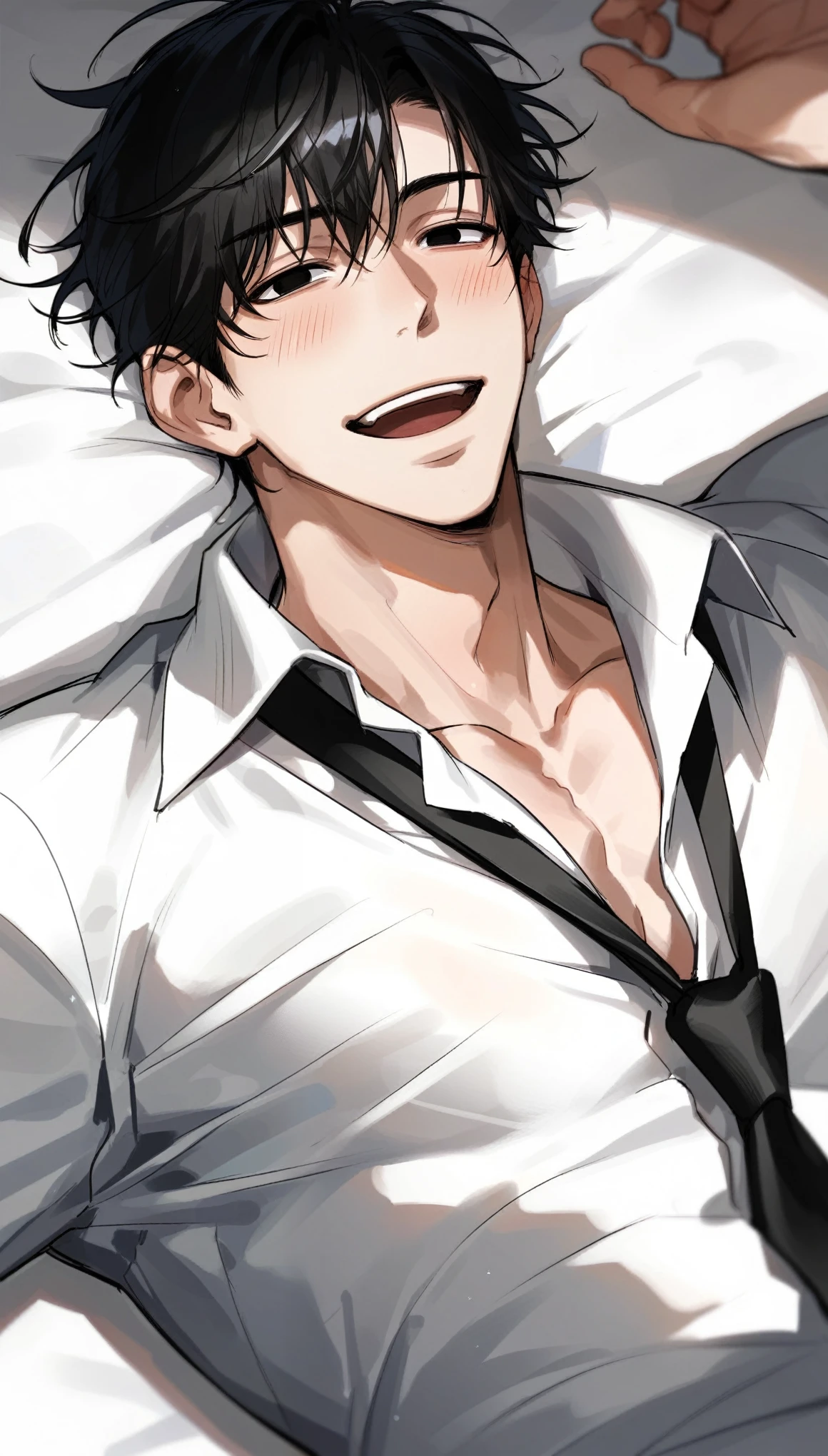 muksal,1boy, solo, black eyes, Black Hair, open mouth, bangs, handsome, messy White dress shirt that slightly reveals chest, blushing, blissful expression, smiling, ecstasy, dynamic angle, man lying down, expressive eyes, loose black tie, view from above, score_9,score_8_up,score_7_up,source_anime,