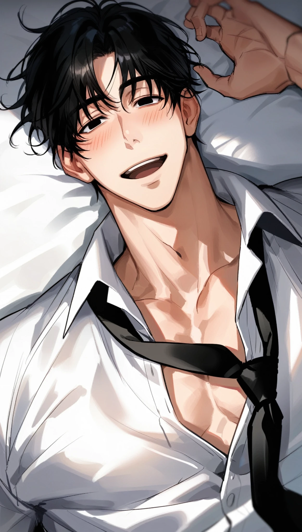 muksal,1boy, solo, black eyes, Black Hair, open mouth, bangs, handsome, messy White dress shirt that slightly reveals chest, blushing, blissful expression, smiling, ecstasy, dynamic angle, man lying down, expressive eyes, loose black tie, view from above, score_9,score_8_up,score_7_up,source_anime,