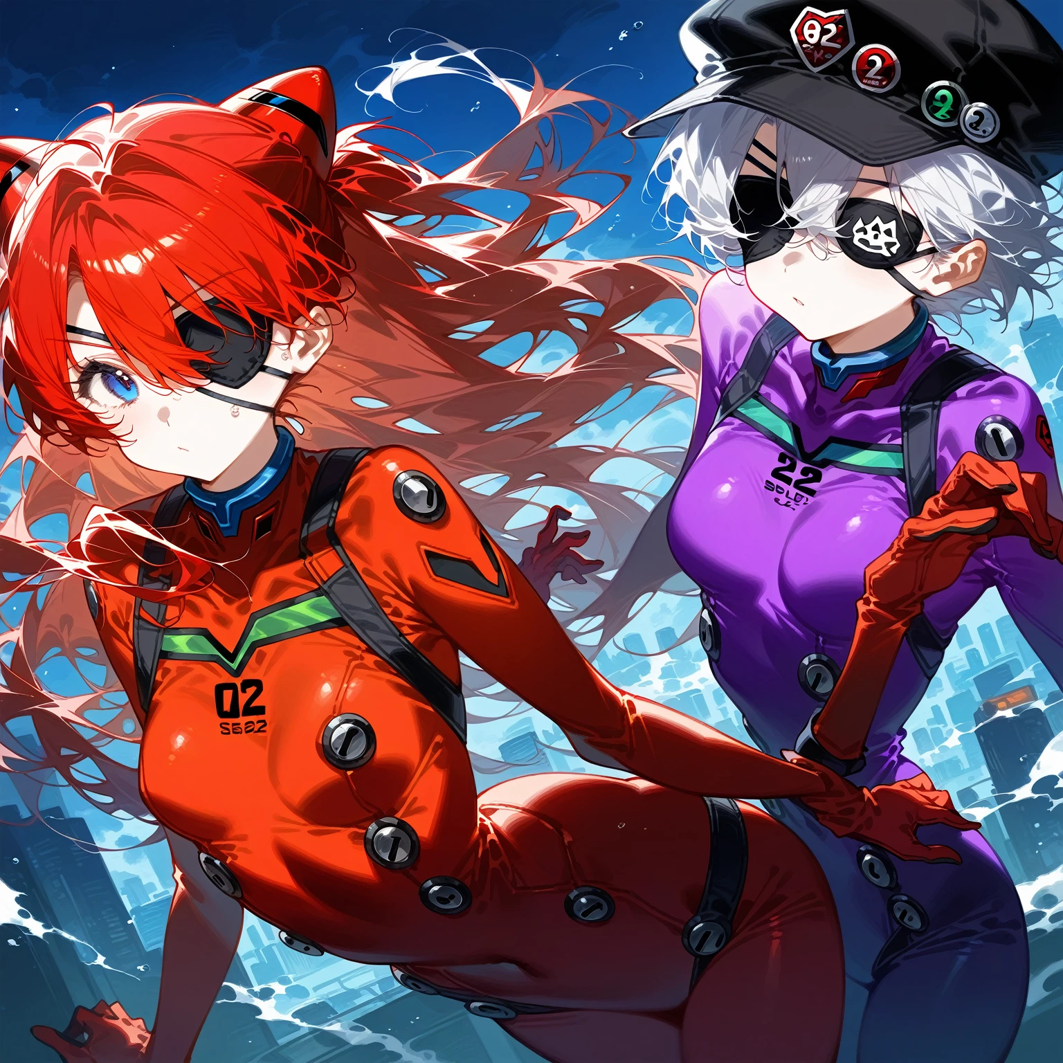 Super detailed、High image quality、4K、movie、 Neon Genesis Evangelion : New Movie Edition、(  Shikinami Asuka Langley)、( red、Plug Suit)Eye patch、( Cat hat、black)、Clear Style 