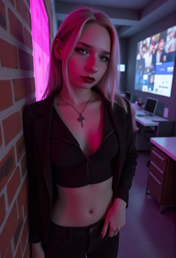 This image is a highly detailed CGI rendering featuring a young woman with a pale, smooth complexion and striking pink hair. She has a slender physique with small, perky breasts and a flat stomach. Her facial features include sharp, angular cheekbones, dark red lips, and striking black eyes with a hint of a smoky, seductive look. She is wearing a black, cropped top that she is lifting to expose her breasts, and black pants that are partially unzipped, revealing her lower abdomen and the beginning of her pubic area. 

The background is a futuristic, dimly lit room with a brick wall on the left side, illuminated by soft pink lights that cast a warm glow. To the right, there are various technological devices and screens, suggesting a high-tech setting. The lighting in the image is soft but highlights the contours of her body and the texture of her clothes, which appear to be made of a shiny, leather-like material. This image is part of a series designed to showcase hyper-realistic, stylized CGI art.