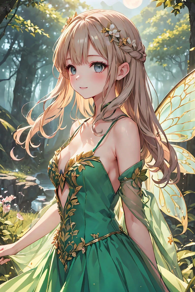 (((Best quality, 8k, Masterpiece: 1.3)), ((best quality)), ((masterpiece)), (detailed), perfect face, perfect body, (detailed skin:1.3), (intricate details), A graceful, grown-up fairy woman with delicate features and an air of elegance stands in an enchanted forest. She has shimmering wings that reflect hints of silver and gold in the soft moonlight. Dressed in a sophisticated, leaf-green gown adorned with subtle sparkles, she has an aura of maturity while still retaining her playful, magical essence. Her blonde hair is styled elegantly, and she wears a gentle, knowing smile. The forest around her is alive with glowing flowers, softly swaying trees, and a mist that adds a mystical atmosphere, creating a scene of enchanting beauty.