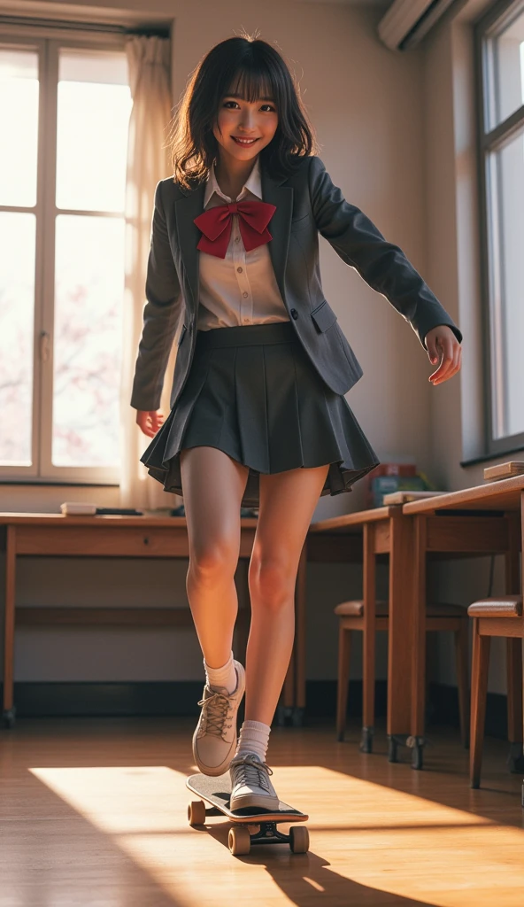 ultra-realistic, photorealistic, dramatic scene, shadow, global-illumination, solo, (teenage Japanese famous idol girl:1.5), very beautiful fragile Japanese girl, very beautiful with very cute but boyish cool face, (very large breasts), slim waist, (wearing a gray colored Japanese high school cute uniform of white shirt with blazer and skirt, red ribbon:1.2), (very large breasts), there are cherry blossoms in full bloom outside, window, curtain, she is skateboarding alone at the high school classroom, unconventional skateboarding with brilliant techniques, dynamic angle, acrobatic pose, (face focus:1.6), very large breasts, quick turn, happy smile