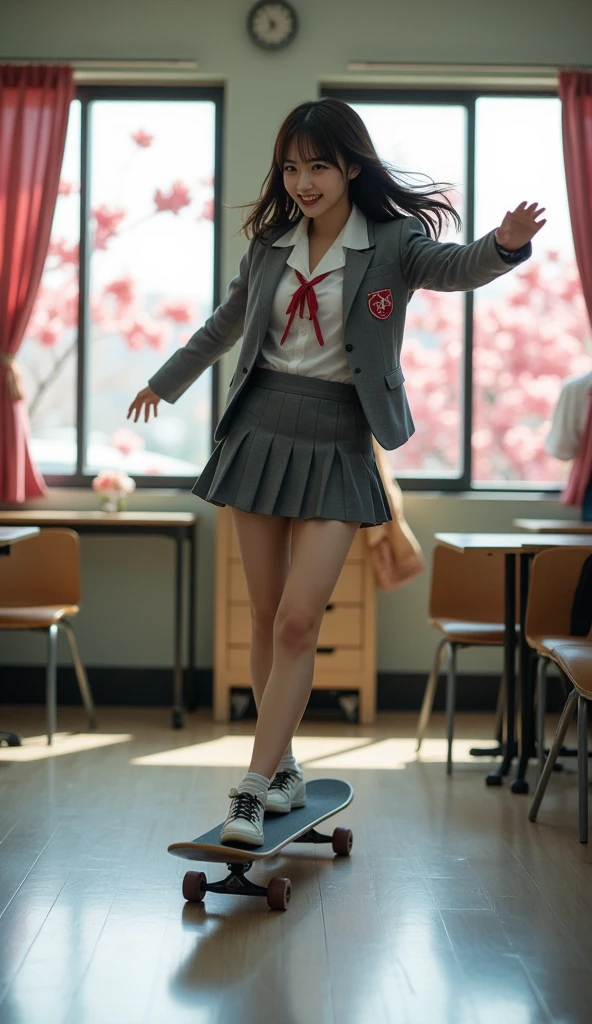 ultra-realistic, photorealistic, dramatic scene, shadow, global-illumination, solo, (teenage Japanese famous idol girl:1.5), very beautiful fragile Japanese girl, very beautiful with very cute but boyish cool face, (very large breasts), slim waist, (wearing a gray colored Japanese high school cute uniform of white shirt with blazer and skirt, red ribbon:1.2), (very large breasts), there are cherry blossoms in full bloom outside, window, curtain, she is skateboarding alone at the high school classroom, unconventional skateboarding with brilliant techniques, dynamic angle, acrobatic pose, (face focus:1.6), very large breasts, quick turn, happy smile