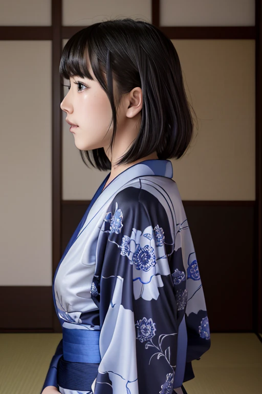 1girl solo,masterpiece,Ultra High Resolution, Ultra Realistic,Highly Detailed Background,cinematic shadows,Side view,a 18 years old wife with Monochromatic kimono,black short bob hair,little breasts,expressionless,in tatami room