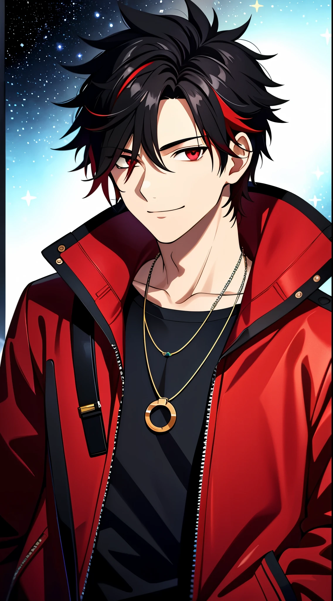 (high-quality, breathtaking),(expressive eyes, perfect face) 1boy, male, solo, young adult, black hair, red streaks in hair, red highlights, fire red eyes, soft wavy hair, short hair length, soft smile, spiky hair, fluffy hair, spiked up hair, black and red jacket, punk jacket, stylized clothing, red shirt, confident smile, age 17, circle locket pendant necklace, dark scars on beck, space background, stars background, galaxy background
