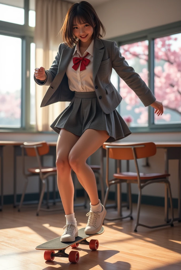 ultra-realistic, photorealistic, dramatic scene, shadow, global-illumination, solo, (teenage Japanese famous idol girl:1.5), very beautiful fragile Japanese girl, very beautiful with very cute but boyish cool face, (very large breasts), slim waist, (wearing a gray colored Japanese high school cute uniform of white shirt with blazer and skirt, red ribbon:1.2), (very large breasts), there are cherry blossoms in full bloom outside, window, curtain, she is skateboarding alone at the high school classroom, unconventional skateboarding with brilliant techniques, dynamic angle, acrobatic pose, (face focus:1.6), very large breasts, quick turn, happy smile