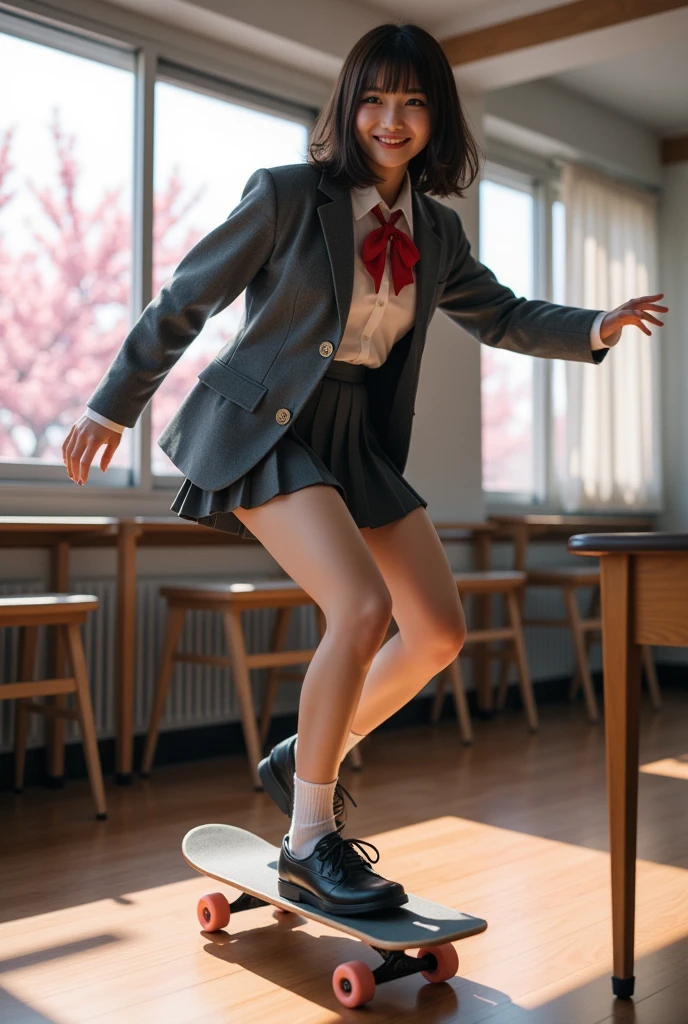 ultra-realistic, photorealistic, dramatic scene, shadow, global-illumination, solo, (teenage Japanese famous idol girl:1.5), very beautiful fragile Japanese girl, very beautiful with very cute but boyish cool face, (very large breasts), slim waist, (wearing a gray colored Japanese high school cute uniform of white shirt with blazer and skirt, red ribbon:1.2), (very large breasts), there are cherry blossoms in full bloom outside, window, curtain, she is skateboarding alone at the high school classroom, unconventional skateboarding with brilliant techniques, dynamic angle, acrobatic pose, (face focus:1.6), very large breasts, quick turn, happy smile