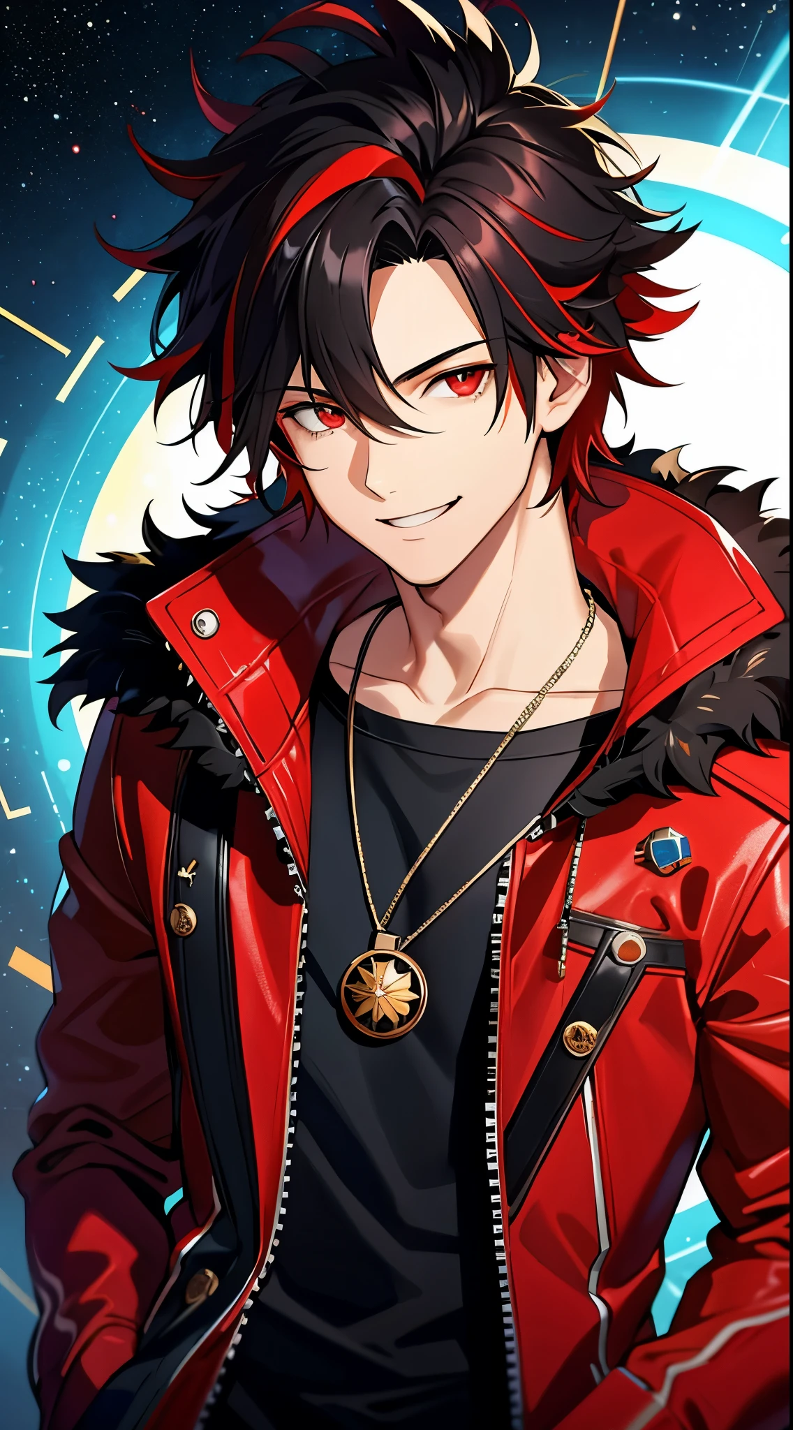 (high-quality, breathtaking),(expressive eyes, perfect face) 1boy, male, solo, young adult, black hair, red streaks in hair, red highlights, fire red eyes, soft wavy hair, short hair length, soft smile, spiky hair, fluffy hair, spiked up hair, black and red jacket, punk jacket, stylized clothing, red shirt, confident smile, age 17, circle locket pendant necklace, dark scars on beck, space background, stars background, galaxy background
