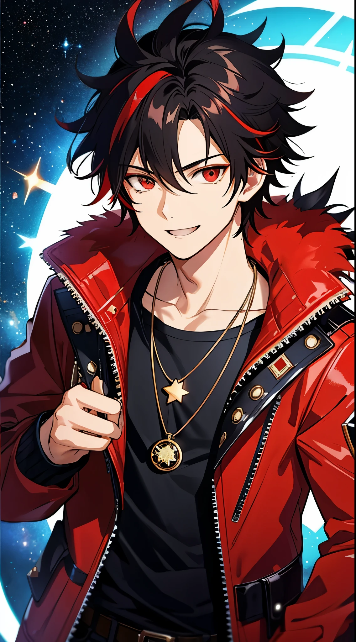 (high-quality, breathtaking),(expressive eyes, perfect face) 1boy, male, solo,  adult, black hair, red streaks in hair, red highlights, fire red eyes, soft wavy hair, short hair length, soft smile, spiky hair, fluffy hair, spiked up hair, black and red jacket, punk jacket, stylized clothing, red shirt, confident smile, age 1cle locket pendant necklace, dark scars on beck, space background, stars background, galaxy background
