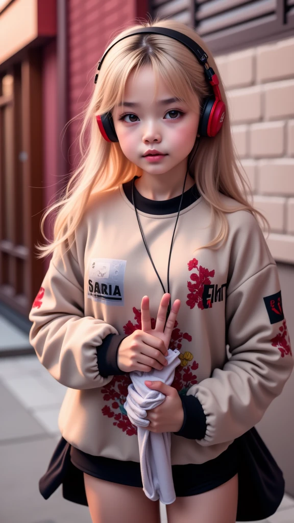 Are you wearing Sony headphones:1.5、  headphones、   a girl doing a prank 、 magic、  complete anatomy 、  Small face、Fuller lips、castanho jacket、distinctive hairstyle 、 Dove Kyun's finger looks like  、 modern sweatshirt 、  Knee-high socks、(((  blurry background、corner of the street、is々Look of a )))、   inverted nipples 、  High image quality 、  High image quality 、    a cinematic way of writing 、  professional photographer  