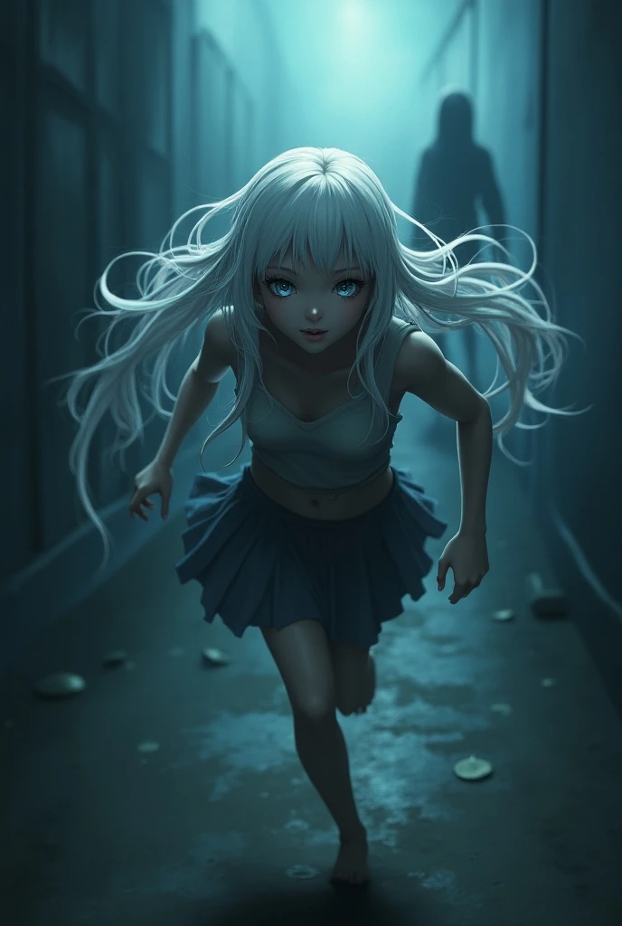 1girl, solo, perspective, from above, walking, lens flare, night, rain, puddle, neon lights, looking at viewer, green eyes, red eyes, slit pupils, heterochromia, expressionless, white hair, hair intakes, black headband, hair between eyes, fox ears, long hair, spaghetti strap, white dress, off shoulder, collarbone, barefoot, film grain, light and shadow, detailed lighting, aesthetic, amazing quality, <lora:neg101:1>