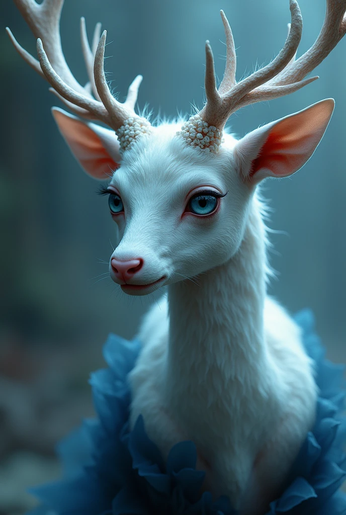 a woman with white polka dots on her face, 5 0 0 px models, pure devine pale skin, perfect, blue eyes, anthropomorphic female deer, bastet, wild angle lens, air brush, fur, mixed techniques, featured on artscape, artgram, main character, tiger pelt, satyr, subtractive lighting, reduce character duplication, golden-ratio, contour, 8K