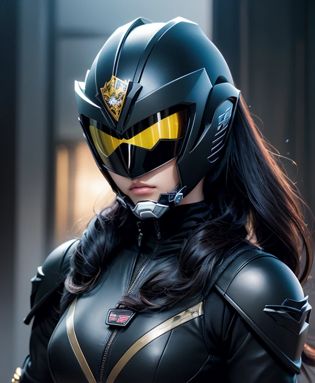 A woman black rangers, toxic ranger suit, as she power rangers toxic , full body , helmet mask, long hair, high detailed, realistic, gloves, ultra realistic, ((full face helmet)), black shield sunglasses on eyes, smart black sunglasses 