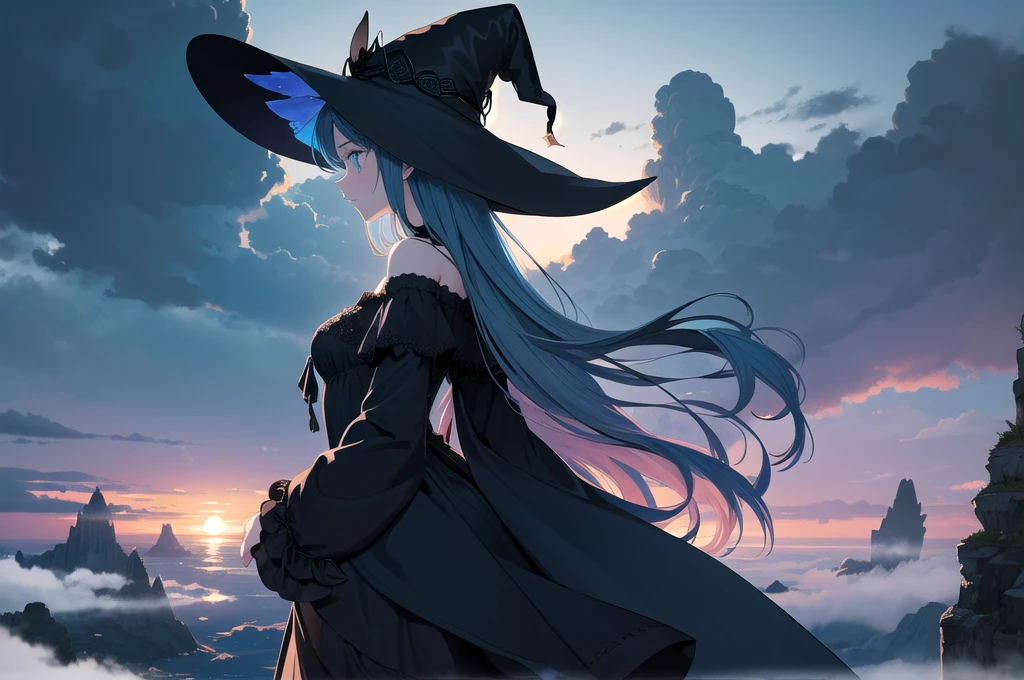   1girl's Exquisite Illustration  , PORTRAIT,Side View, witch hat , Lift Own Hair  , viewers,  Delicate Off Shoulder Long Sleeve Black Dress, lace trim that tilts forward, Standing on the mountain top ,sea of clouds, Dark Aqua Sky  ,(dawn:1.1),The gorgeous color ,  Perfect Rimlight  , Fantasy,dreamlike, Movie-like ,dramatic,masterpiece,Best Quality