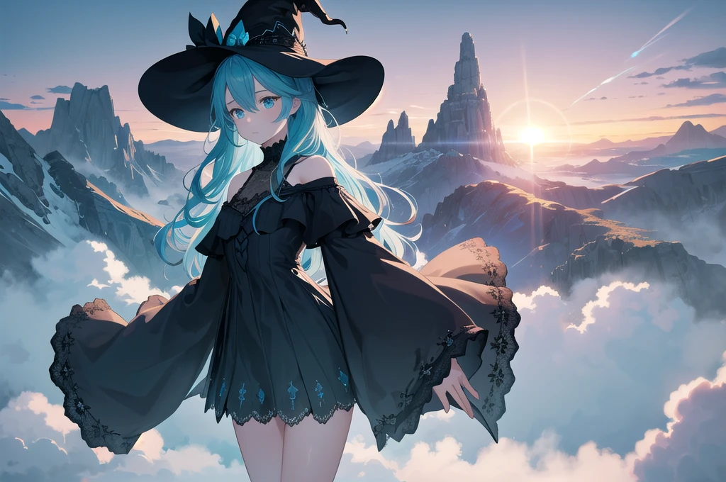   1girl's Exquisite Illustration  , PORTRAIT,Side View, witch hat , Lift Own Hair  , viewers,  Delicate Off Shoulder Long Sleeve Black Dress, lace trim that tilts forward, Standing on the mountain top ,sea of clouds, Dark Aqua Sky  ,(dawn:1.1),The gorgeous color ,  Perfect Rimlight  , Fantasy,dreamlike, Movie-like ,dramatic,masterpiece,Best Quality