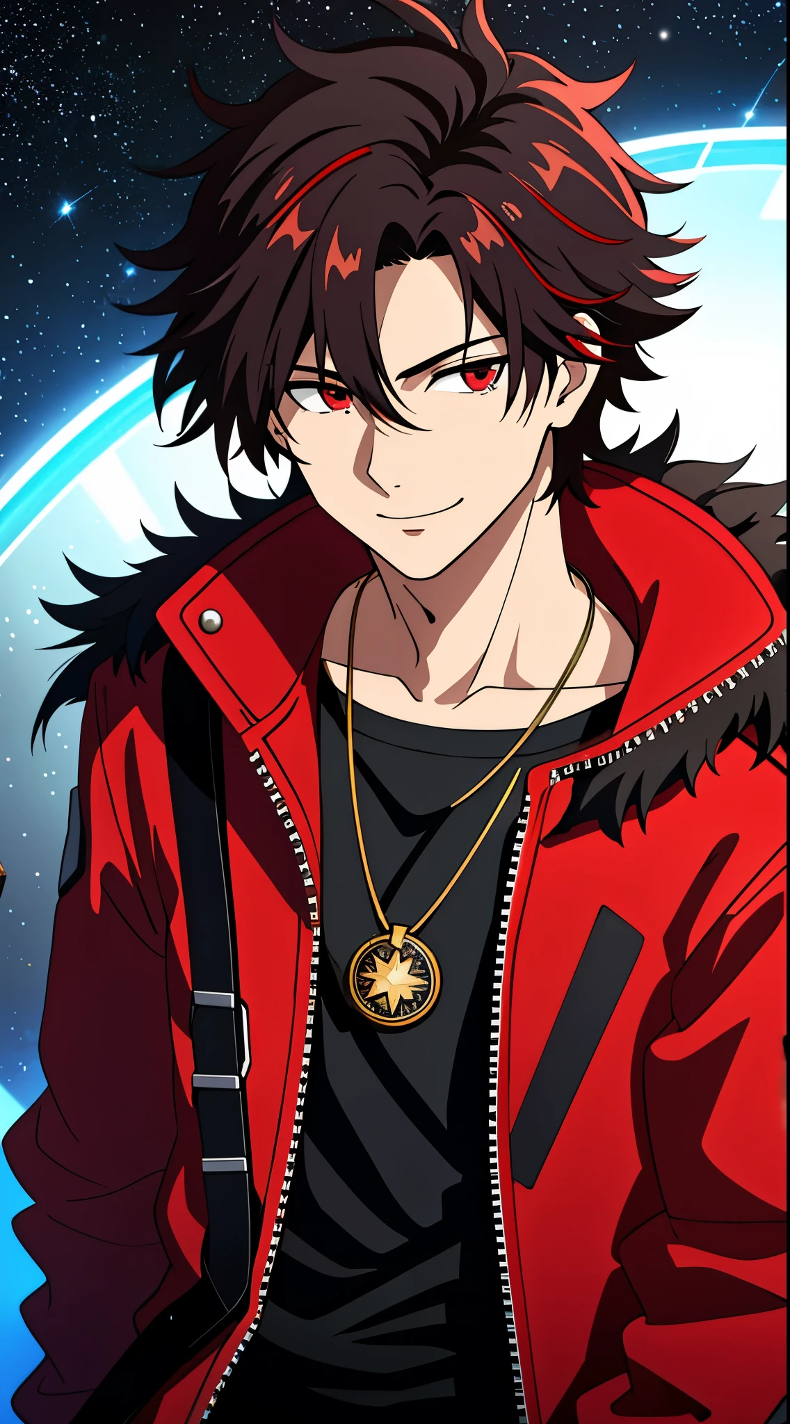 (high-quality, breathtaking),(expressive eyes, perfect face) 1boy, male, solo, young adult, black hair, red streaks in hair, red highlights, fire red eyes, soft wavy hair, short hair length, soft smile, spiky hair, fluffy hair, spiked up hair, black and red jacket, punk jacket, stylized clothing, red shirt, confident smile, age 17, circle locket pendant necklace, dark scars on beck, space background, stars background, galaxy background
