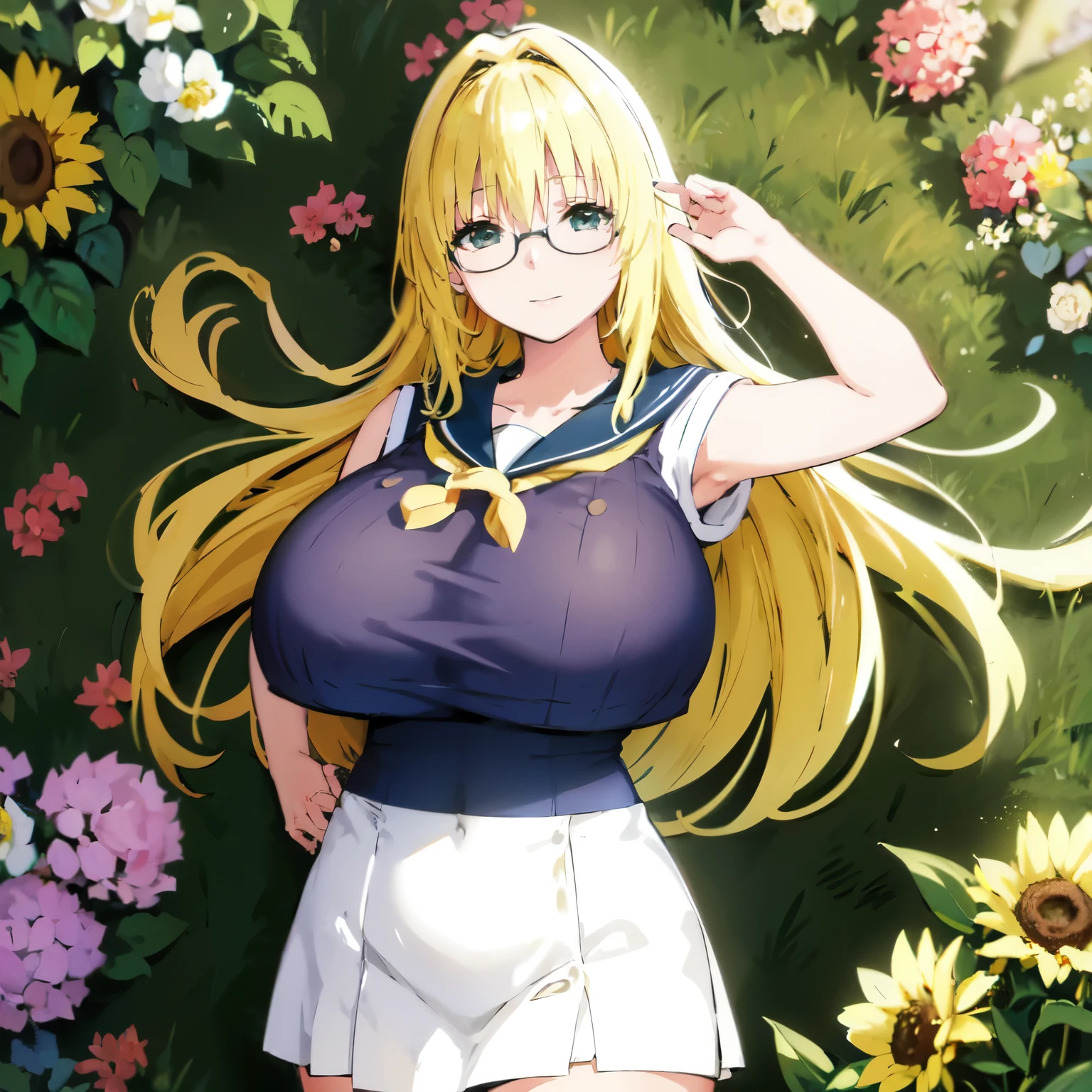 Blonde hair, (((huge tits  )))  , ((sailor uniform, short Sleevees, glasses)), thick, ((busty)), green eyes,  long hair, upperbody, smile, legs, thigh, flower garden