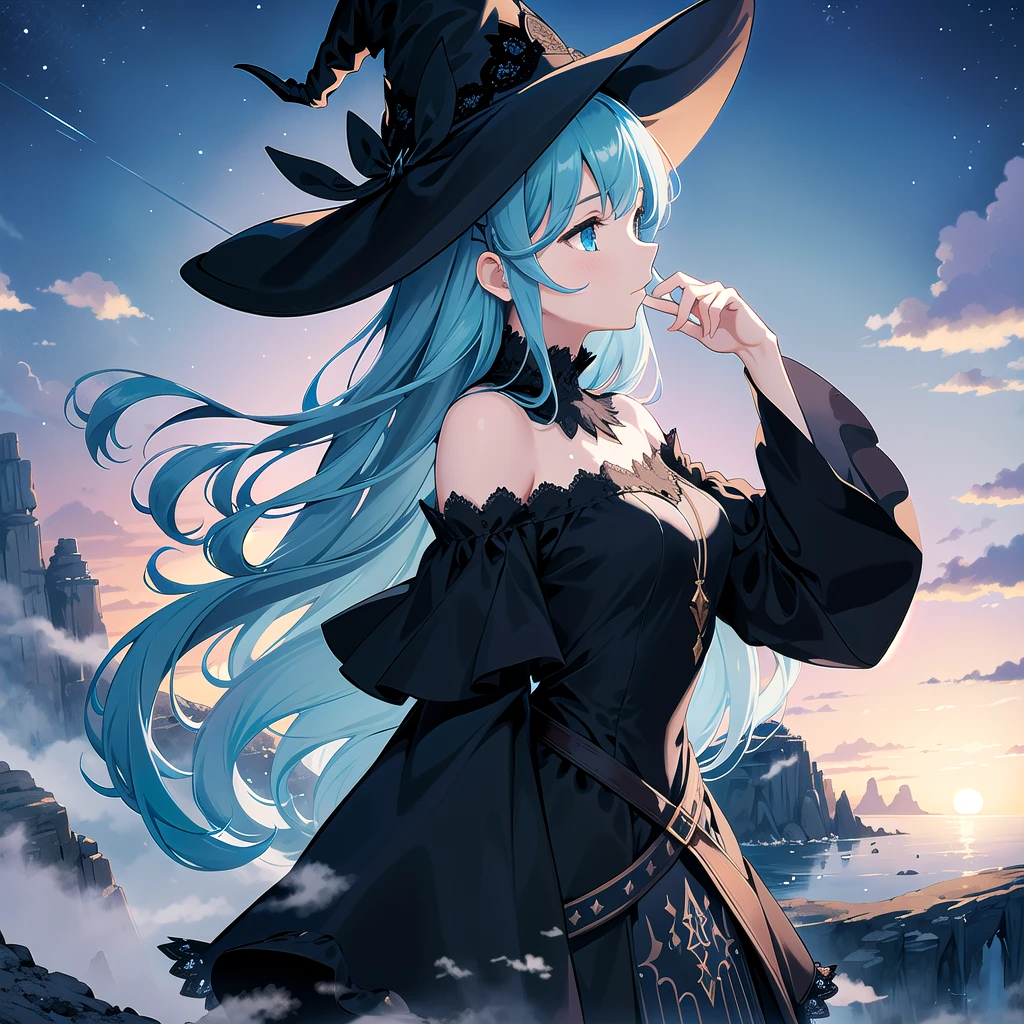   1girl's Exquisite Illustration  , PORTRAIT,Side View, witch hat , Lift Own Hair  , viewers,  Delicate Off Shoulder Long Sleeve Black Dress, lace trim that tilts forward, Standing on the mountain top ,sea of clouds, Dark Aqua Sky  ,(dawn:1.1),The gorgeous color ,  Perfect Rimlight  , Fantasy,dreamlike, Movie-like ,dramatic,masterpiece,Best Quality