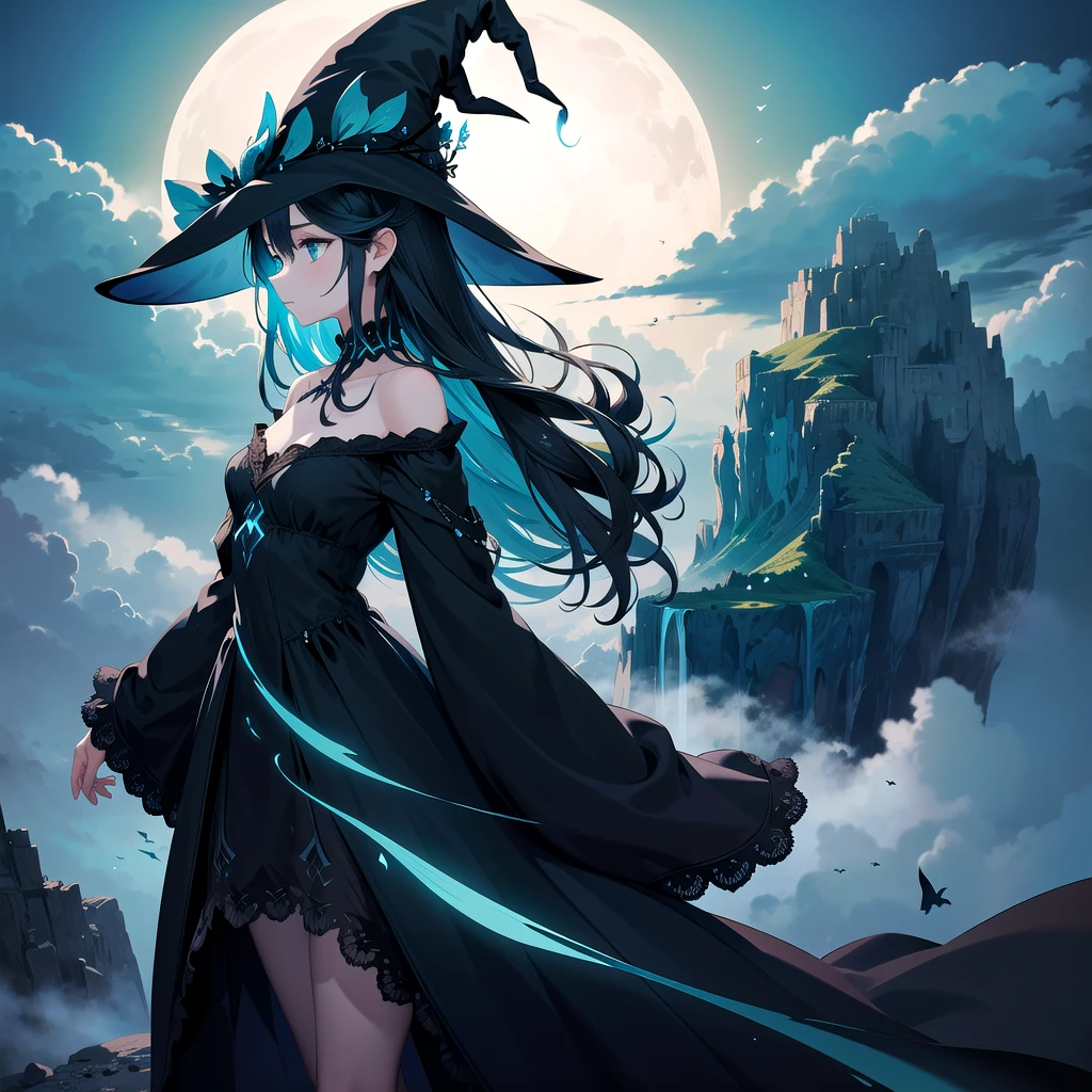   1girl's Exquisite Illustration  , PORTRAIT,Side View, witch hat , Lift Own Hair  , viewers,  Delicate Off Shoulder Long Sleeve Black Dress, lace trim that tilts forward, Standing on the mountain top ,sea of clouds, Dark Aqua Sky  ,(dawn:1.1),The gorgeous color ,  Perfect Rimlight  , Fantasy,dreamlike, Movie-like ,dramatic,masterpiece,Best Quality