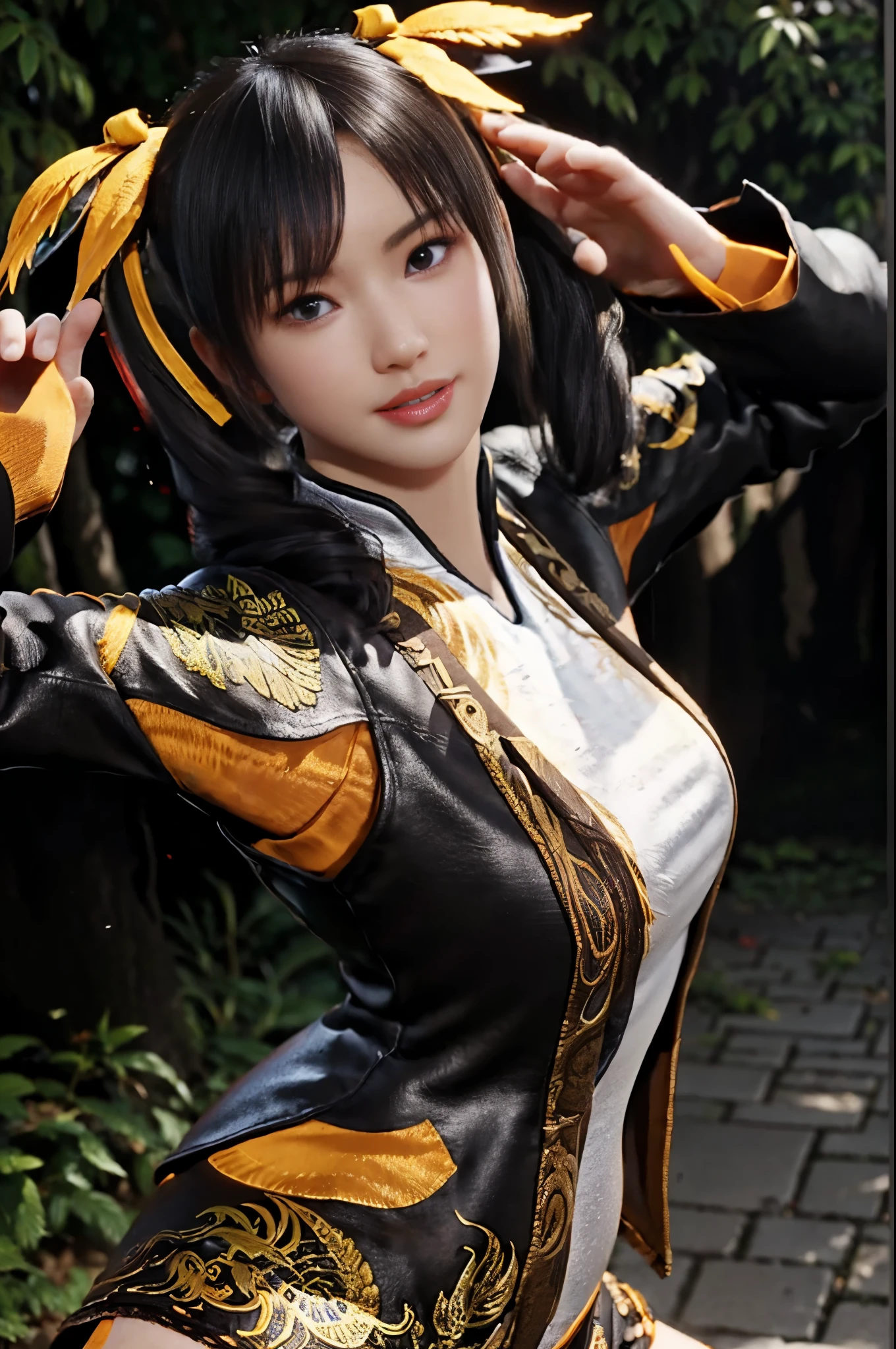 Tekken Xiaoyu,masterpiece、1 beautiful girl、-yeld hischool sts、puffy eyes、Bright outdoor,highest quality, 超High resolution, (reality: 1.4), movie lighting、Japanese、asian beauty、Korean、super beautiful、beautiful skin、body facing forward、whole body,Upper body、(Ultra-realistic)、(High resolution)、(8K)、(very detailed)、(Beautiful and fine eyes)、(Super detailed)、 (wall-)、detailed face、bright lighting、professional lighting、looking at the viewer、look straight ahead、slanted bangs、brown hair、Nogizaka idol、