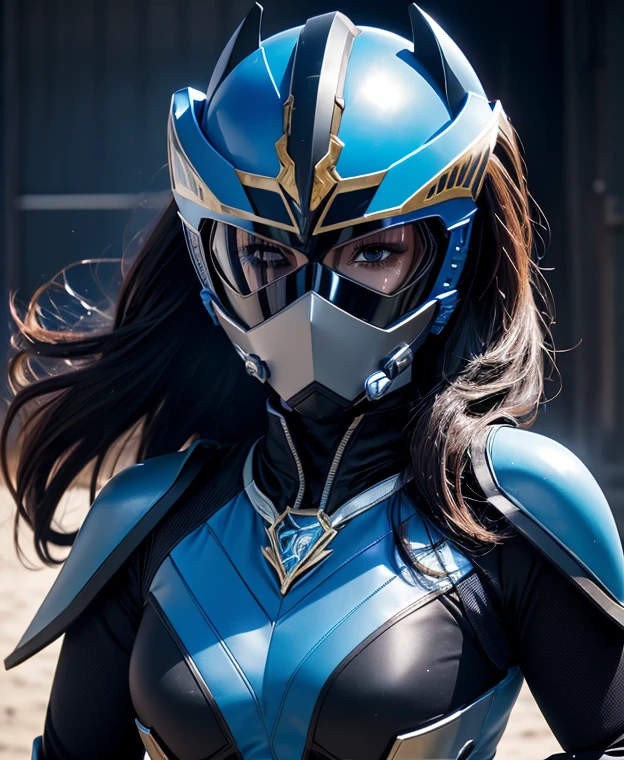 A woman highly blue rangers, toxic ranger suit, as she power rangers toxic , full body , helmet mask, long hair, high detailed, realistic, gloves, ultra realistic, ((full face helmet)), black shield sunglasses on eyes, smart black sunglasses 