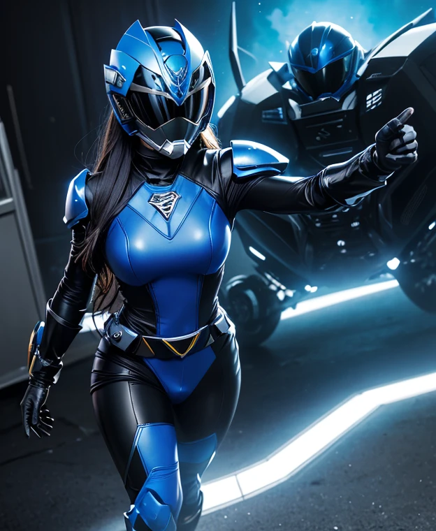 A woman highly blue rangers, toxic ranger suit, as she power rangers toxic , full body , helmet mask, long hair, high detailed, realistic, gloves, ultra realistic, ((full face helmet)), black shield sunglasses on eyes, smart black sunglasses 