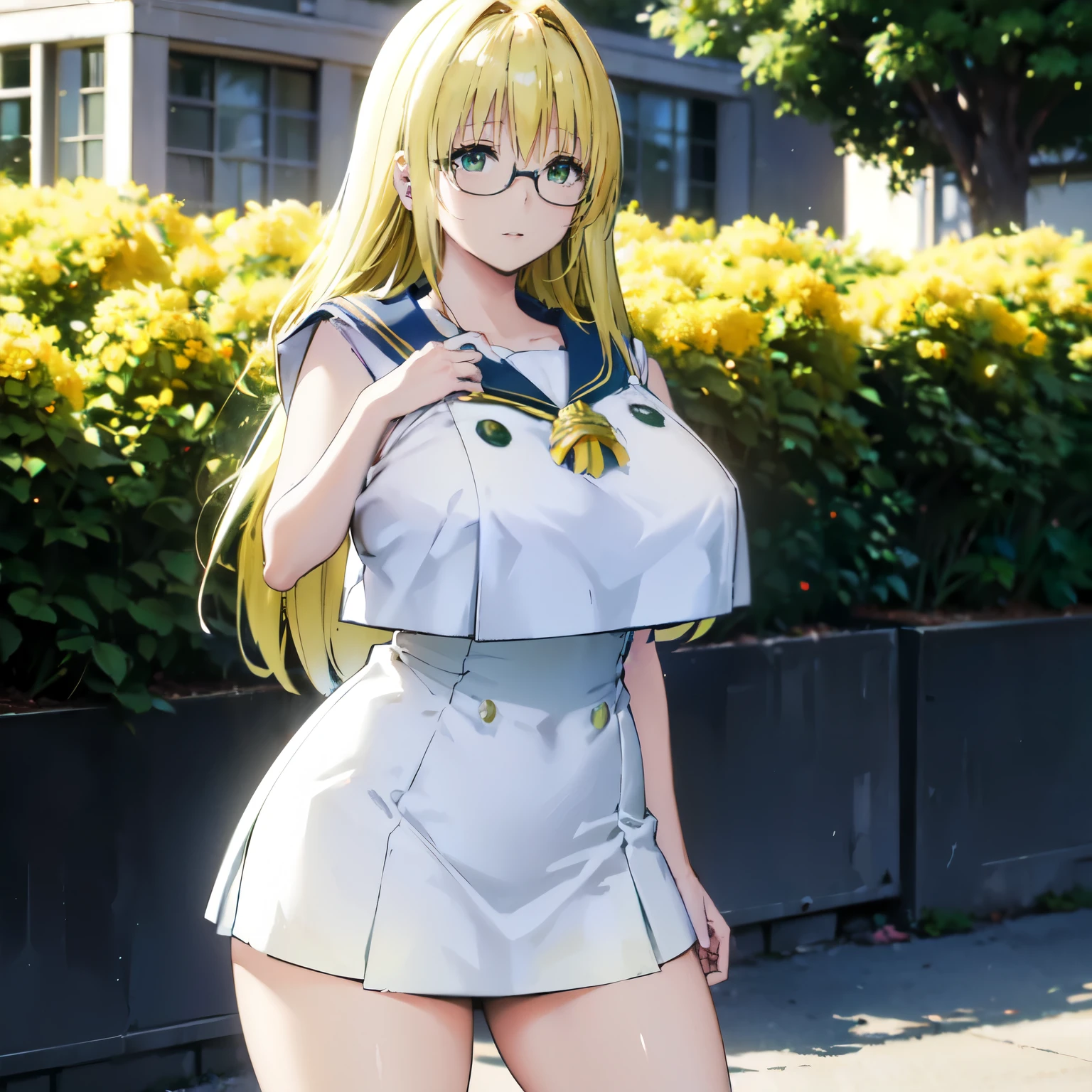 Blonde hair, (((huge tits ))) , ((sailor uniform, short Sleevees, glasses)), thick, ((busty)), green eyes, long hair, upperbody, smile, legs, thigh, flower garden