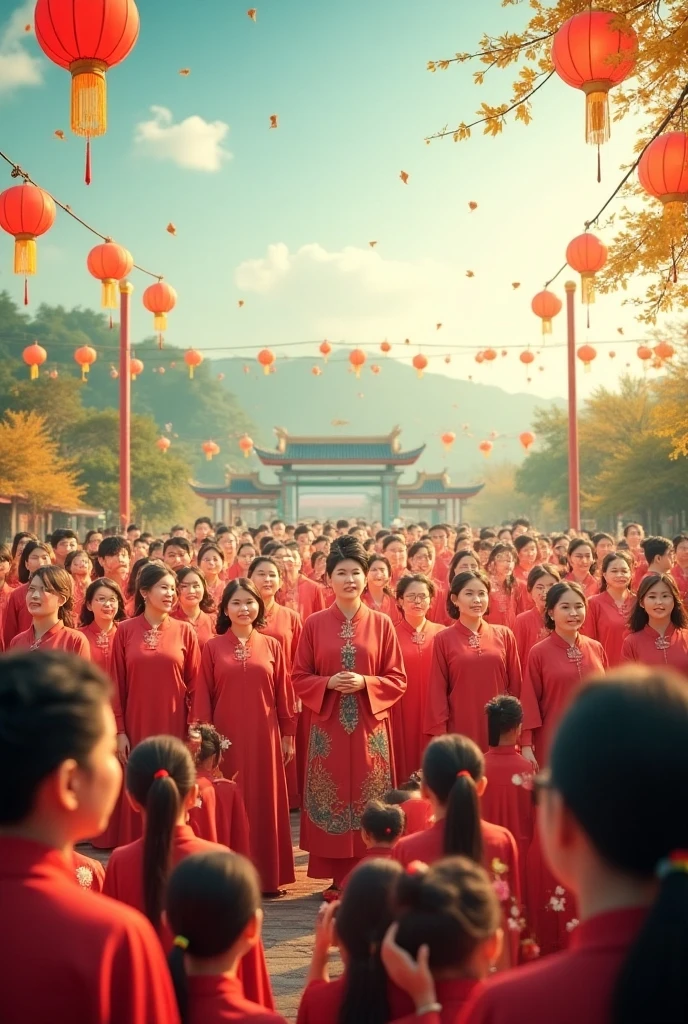 arafed group of people standing in front of a building, a group of people, trending ,, lady, large crowds of peasants, the crowd flees the village, beijing, chinese woman, ladies, people watching around, by Xi Gang, inspired by Xi Gang, photo taken in 2 0 2 0, 8k)), traditional chinese, chinese village, trending photo