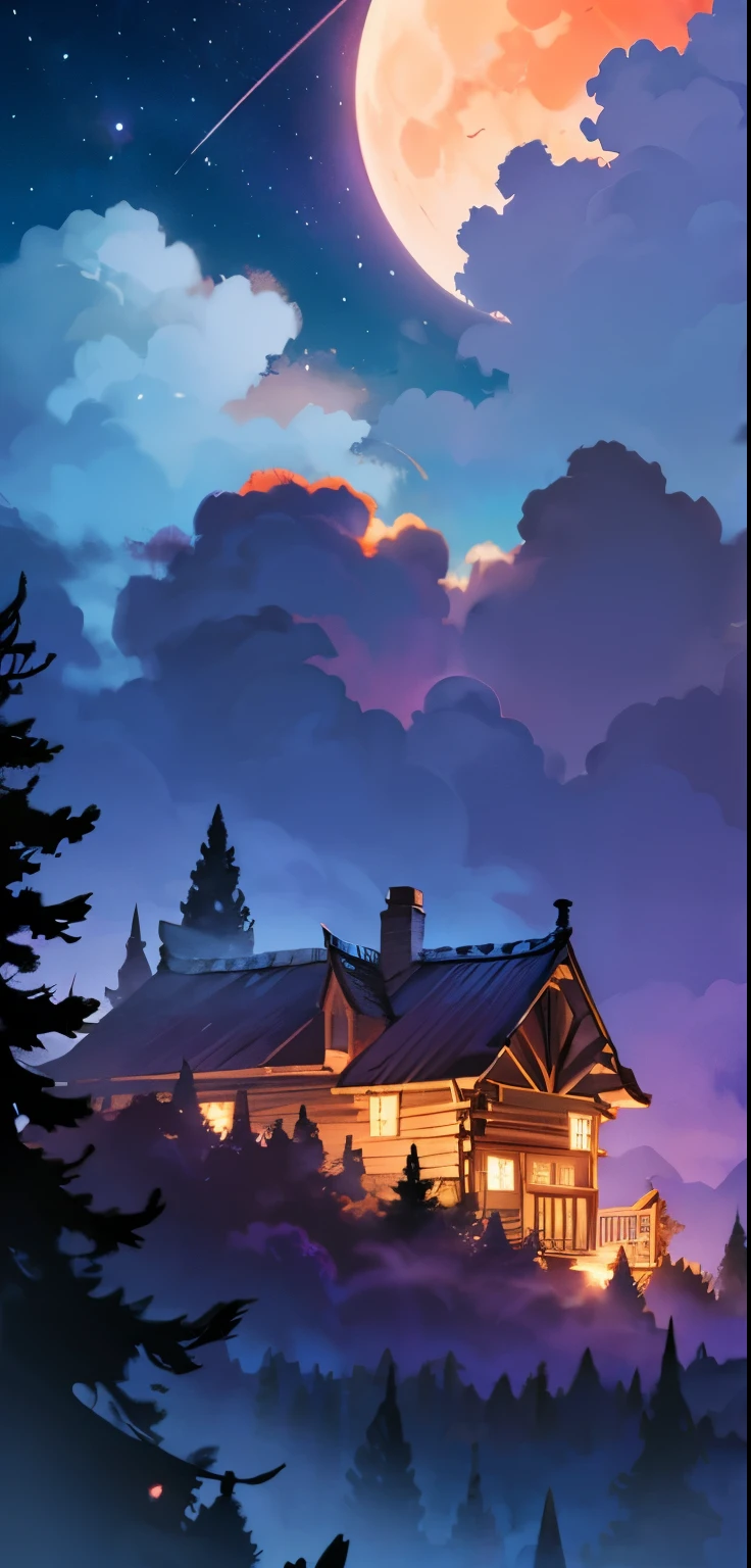 Anime wallpaper illustration of magical looking clouds behind a wooden cabin in the woods, the moon is setting lighting up the clouds with a mix of purple and orange godl colours.firefly, mythical creatures 