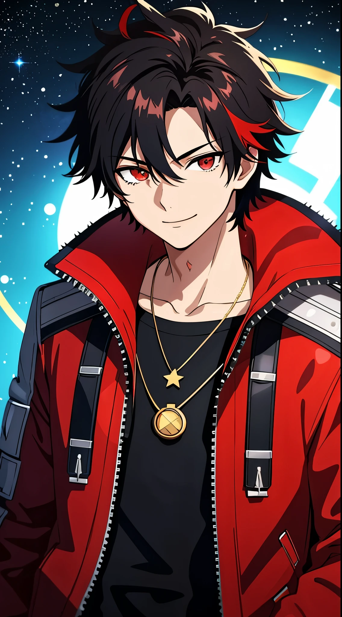 (high-quality, breathtaking),(expressive eyes, perfect face) 1boy, male, solo, young adult, black hair, red streaks in hair, red highlights, fire red eyes, soft wavy hair, short hair length, soft smile, spiky hair, fluffy hair, spiked up hair, black and red jacket, punk jacket, stylized clothing, red shirt, confident smile, age 17, circle locket pendant necklace, dark scars on beck, space background, stars background, galaxy background
