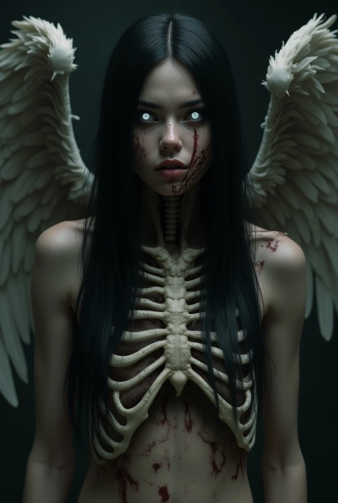 Fine matte painting, skeleton dark angel big wings haunted castle on drawing table full of knives, horror, spookiness, scary, secret horror, tentacles, vines, eyes, uncanny valley effect teeth, limbs, animals, blood moon