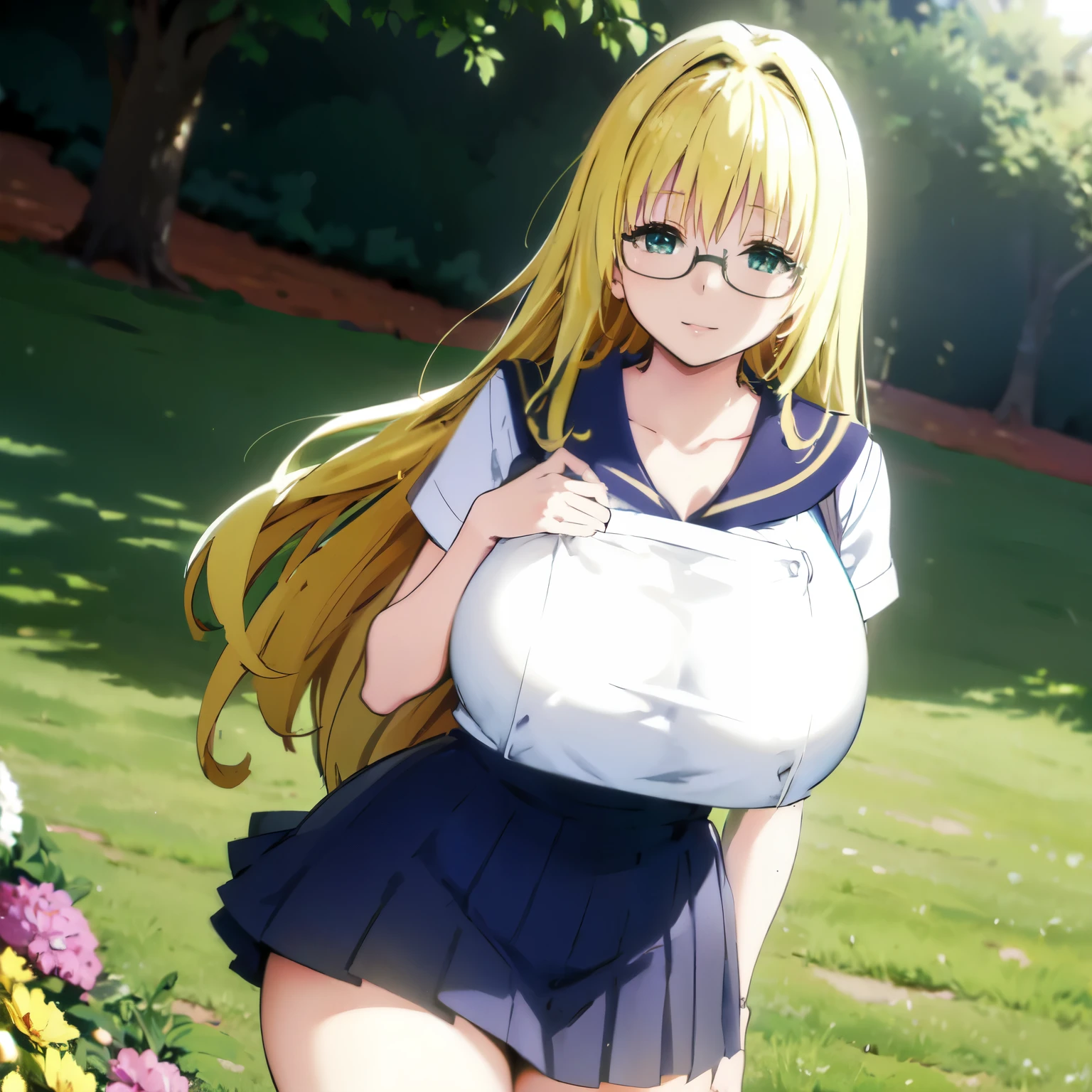 Blonde hair, (((huge tits  )))  , ((sailor uniform, short Sleevees, glasses)), thick, ((busty)), green eyes,  long hair, upperbody, smile, legs, thigh, flower garden