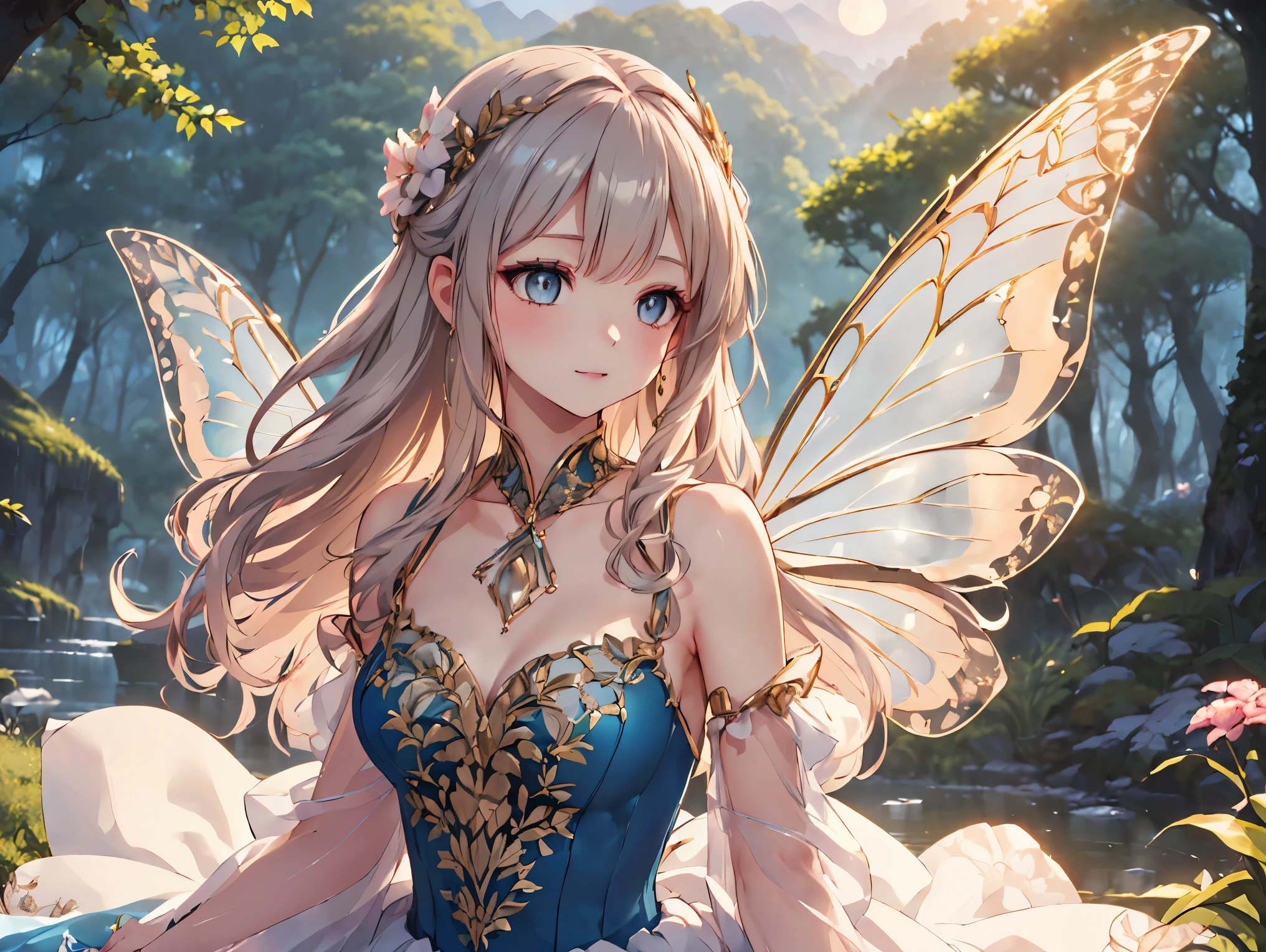 (((Best quality, 8k, Masterpiece: 1.3)), ((best quality)), ((masterpiece)), (detailed), perfect face, perfect body, (detailed skin:1.3), (intricate details), A graceful, grown-up fairy woman with delicate features and an air of elegance stands in an enchanted forest. She has shimmering wings that reflect hints of silver and gold in the soft moonlight. Dressed in a sophisticated, flowing blue gown adorned with subtle sparkles, she has an aura of maturity while still retaining her playful, magical essence. Her blonde hair is styled elegantly, and she wears a gentle, knowing smile. The forest around her is alive with glowing flowers, softly swaying trees, and a mist that adds a mystical atmosphere, creating a scene of enchanting beauty