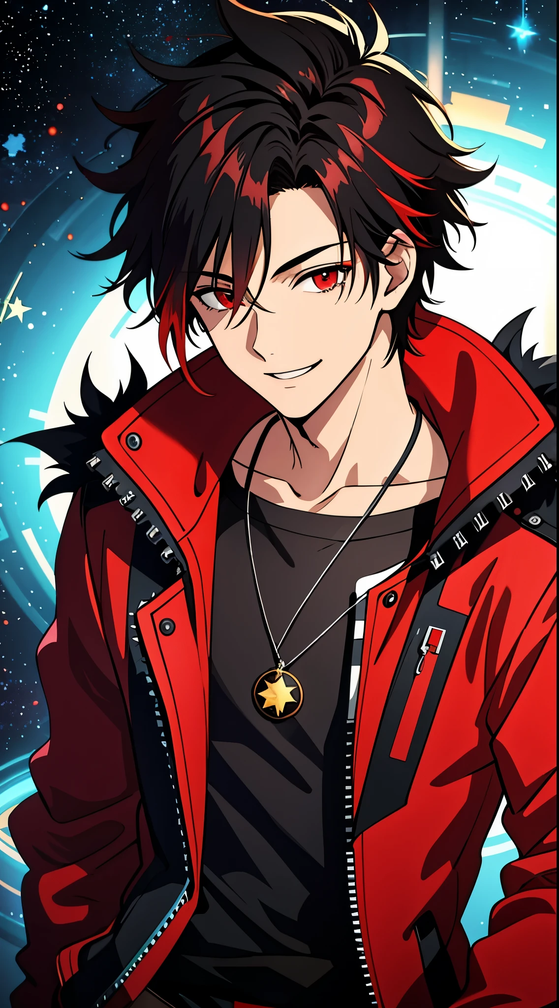 (high-quality, breathtaking),(expressive eyes, perfect face) 1boy, male, solo, young adult, black hair, red streaks in hair, red highlights, fire red eyes, soft wavy hair, short hair length, soft smile, spiky hair, fluffy hair, spiked up hair, black and red jacket, punk jacket, stylized clothing, red shirt, confident smile, age 17, circle locket pendant necklace, dark scars on beck, space background, stars background, galaxy background
