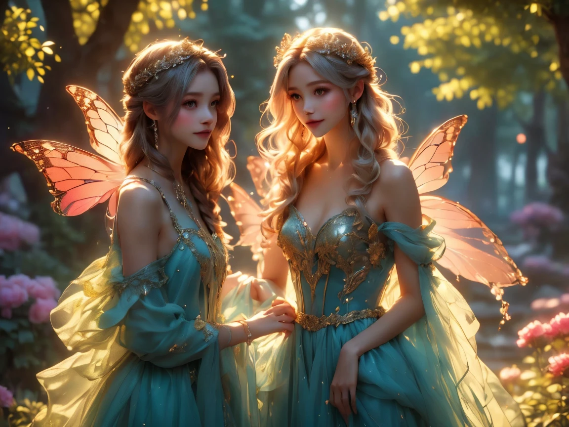 (((Best quality, 8k, Masterpiece: 1.3)), ((best quality)), ((masterpiece)), (detailed), perfect face, perfect body, (detailed skin:1.3), (intricate details), A graceful, grown-up fairy woman with delicate features and an air of elegance stands in an enchanted forest. She has shimmering wings that reflect hints of silver and gold in the soft moonlight. Dressed in a sophisticated, flowing blue gown adorned with subtle sparkles, she has an aura of maturity while still retaining her playful, magical essence. Her blonde hair is styled elegantly, and she wears a gentle, knowing smile. The forest around her is alive with glowing flowers, softly swaying trees, and a mist that adds a mystical atmosphere, creating a scene of enchanting beauty