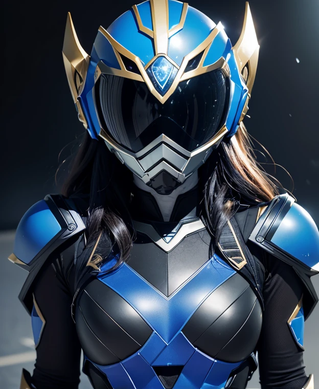 A woman highly blue rangers, toxic ranger suit, as she power rangers toxic , full body , helmet mask, long hair, high detailed, realistic, gloves, ultra realistic, ((full face helmet)), black shield sunglasses on eyes, smart black sunglasses 