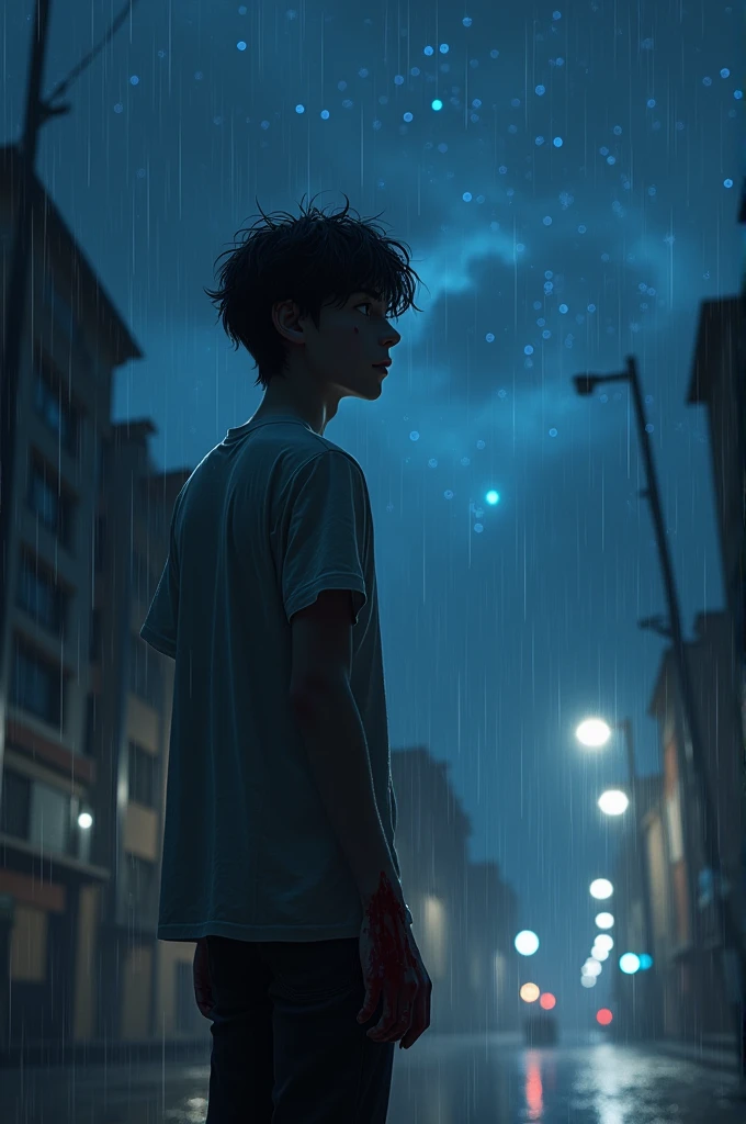 A beautiful rainy night is a shirtless boy asked for