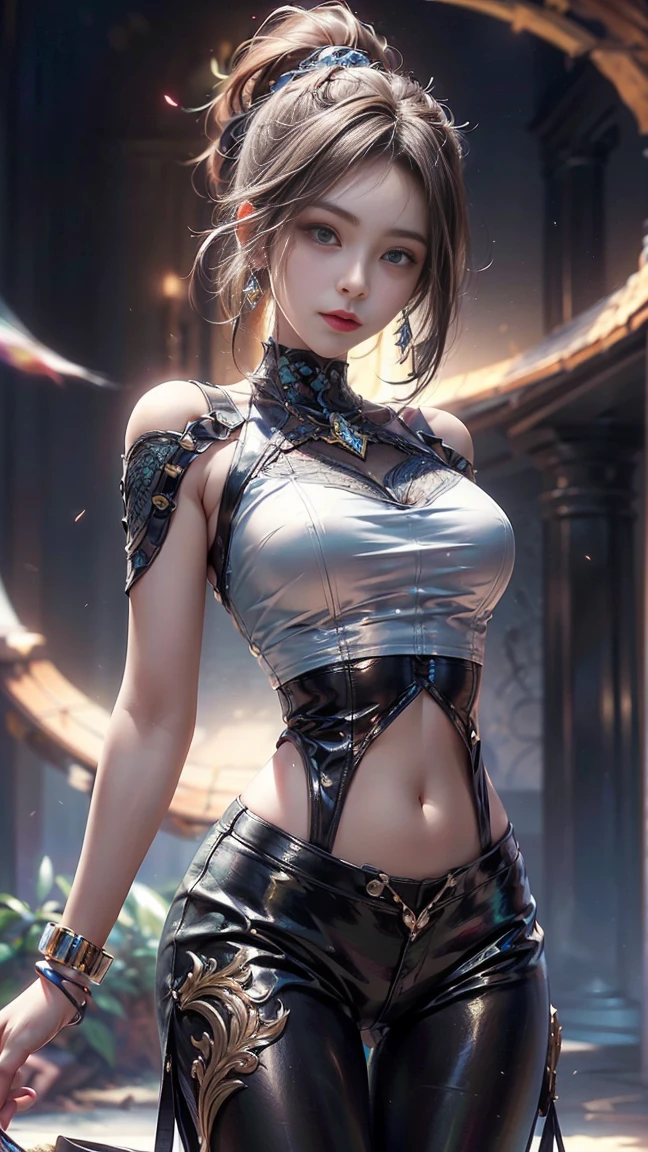 (RAW photo:1.2), (photorealistic:1.4) (masterpiece:1.3) (best quality:1.4), ultra high res, (de tailed eyes) (detailed facial features) (detailed clothes features) HDR,8k resolution, solo focus, bangs, skin tight, (shiny skin), (slender girl), dreamlike, (extreme detailed illustration), virtual world scenery, VirtualGirl-Rin, small breasts, bob hair, short hair, brown hair, brown eyes, 1girl, upper body, White super tight translucid mini skirt, armored short sleeve crop top