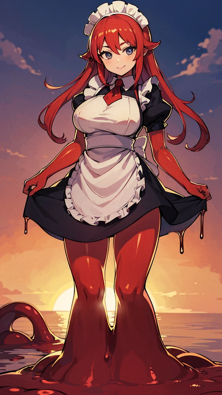 STICKER, (solid outline:1.3), (NSFW:1.2), Sunsethuman, Sunset Shimmer, Sunset Shimmer from my little pony, Sunset Shimmer in the form of a girl, bare medium breasts, lush breasts, voluminous breasts, firm breasts, five fingers, detailed hands, two hair tones, red and yellow hair, happy face, maid, black and white maid outfit, standing on her feet, no background, full-length, revealing outfit, full body portrait,