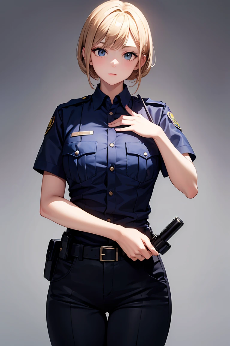 1girl, sxtopaz, short hair, brown hair, earrings, police uniform, forest, river <lora:topaz-military-v1:0.6>