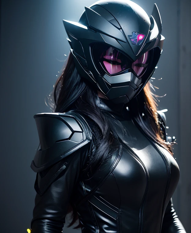 A woman black rangers, toxic ranger suit, as she power rangers toxic , full body , helmet mask, long hair, high detailed, realistic, gloves, ultra realistic, ((full face helmet)), black shield sunglasses on eyes, smart black sunglasses 