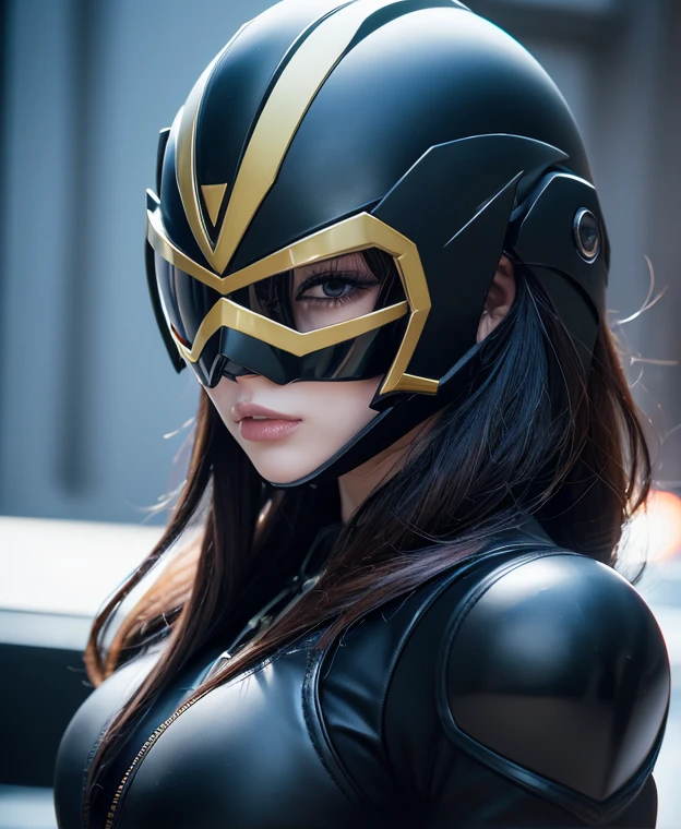 A woman black rangers, toxic ranger suit, as she power rangers toxic , full body , helmet mask, long hair, high detailed, realistic, gloves, ultra realistic, ((full face helmet)), black shield sunglasses on eyes, smart black sunglasses 