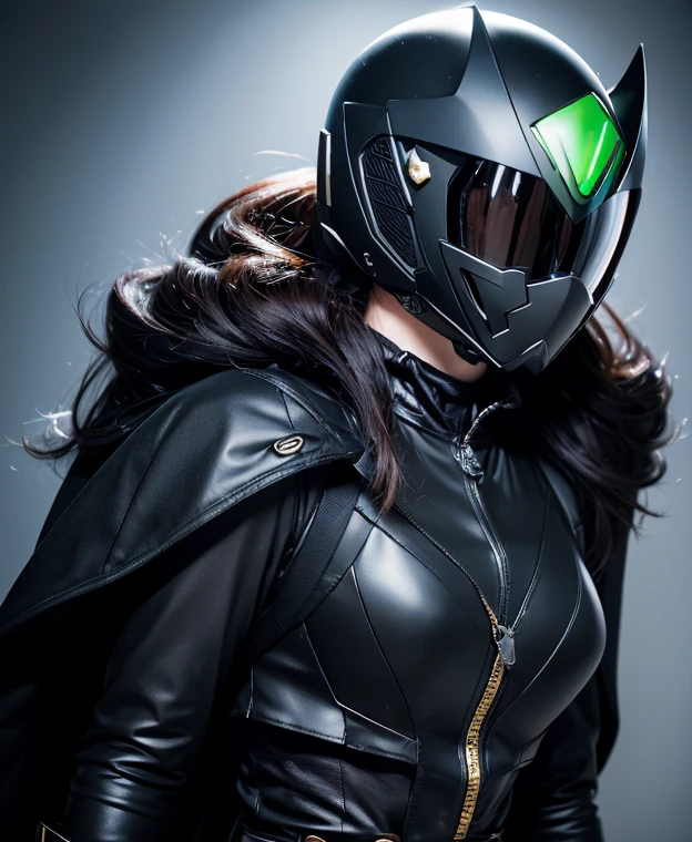 A woman black rangers, toxic ranger suit, as she power rangers toxic , full body , helmet mask, long hair, high detailed, realistic, gloves, ultra realistic, ((full face helmet)), black shield sunglasses on eyes, smart black sunglasses 