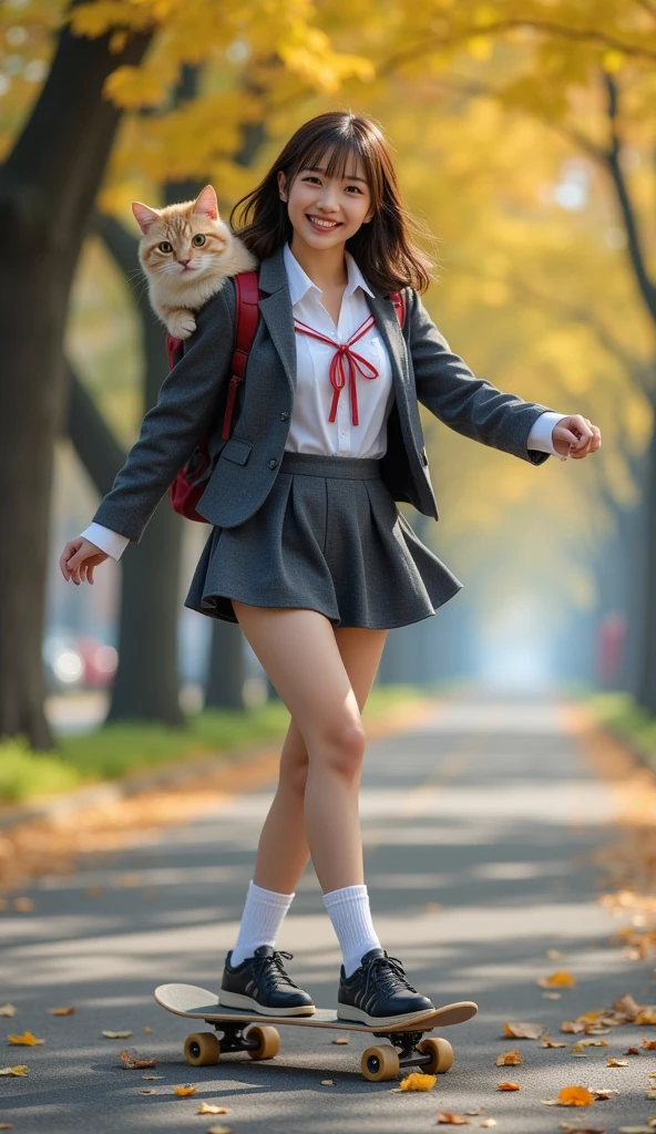 ultra-realistic, photorealistic, dramatic scene, shadow, global-illumination, solo, (teenage Japanese famous idol girl:1.5), very beautiful fragile Japanese girl, very beautiful with very cute but boyish cool face, (very large breasts), slim waist, (wearing a gray colored Japanese high school cute uniform of white shirt with blazer and skirt, red ribbon:1.2), (very large breasts), (The cat is hiding in her backpack, A giant fat cat peeks out of her backpack), she is skateboarding alone at on a tree-lined avenue with autumn leaves, unconventional skateboarding with brilliant techniques, dynamic angle, acrobatic pose, (face focus:1.6), very large breasts, quick turn, happy smile, knee protectors