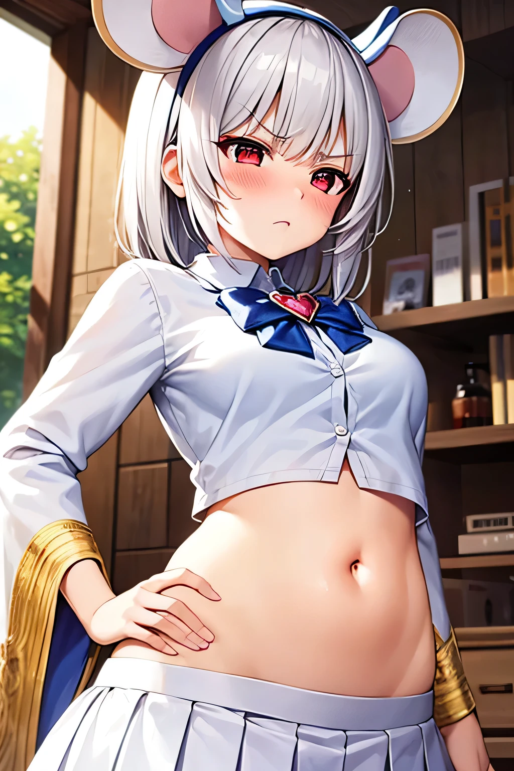 super fine illustration, vibrant colors, masterpiece, sharp focus, best quality, depth of field, ultra detailed, 1girl, solo, blush, annoyed, tummy, white shirt, white shirt, pleated skirt, long sleeves, hand on own hip, white skirt, makeup, v-shaped eyebrows, medium chest, makeup, Vikala, fake animal ears, mouse ears, shirt, bow, heart brooch, skirt, wide sleeves, red eyes,bellybutton, navel, looking down, white hair