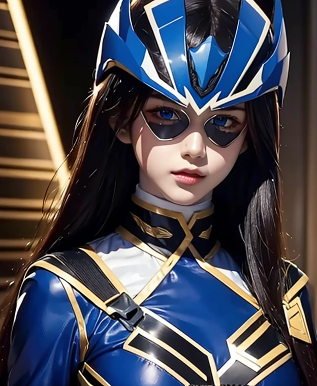 A woman highly blue rangers, toxic ranger suit, as she power rangers toxic , full body , helmet mask, long hair, high detailed, realistic, gloves, ultra realistic, ((full face helmet)), black shield sunglasses on eyes, smart black sunglasses 