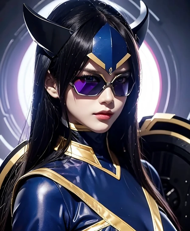 A woman highly blue rangers, toxic ranger suit, as she power rangers toxic , full body , helmet mask, long hair, high detailed, realistic, gloves, ultra realistic, ((full face helmet)), black shield sunglasses on eyes, smart black sunglasses 